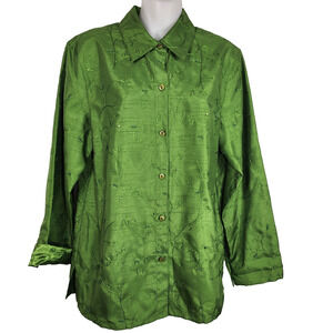 C.L.O.T.H.E.S. Womens Shirt Button Up Green Embroidered Beaded Sequins Medium